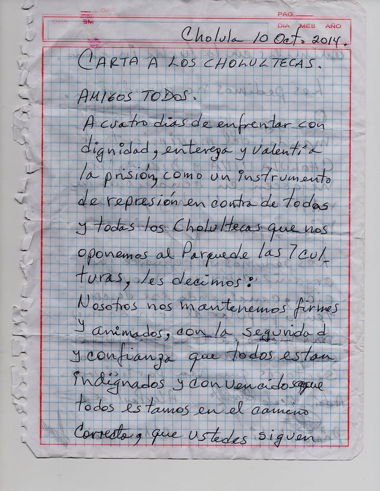 Octubre de 2014: El Estado contra las Cholulas: cartas desde la cárcel para un juicio