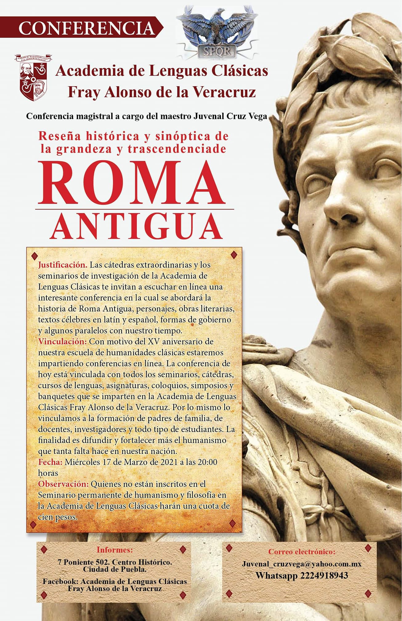 Conferencia Magistral sobre Roma Antigua.   XV Aniversario de la Academia de Lenguas Clásicas Fray Alonso de la Veracruz