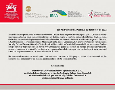 Ibero Puebla propone la mediación en el conflicto de Santa María Zacatepec y Bonafont