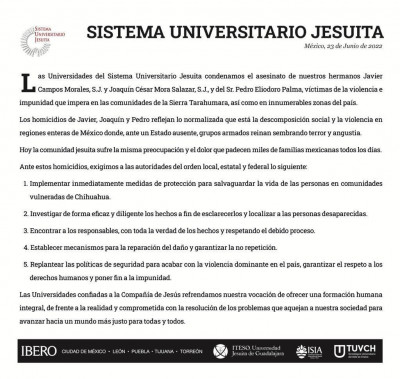  El Sistema Universitario Jesuita exige replantear la política de seguridad en México