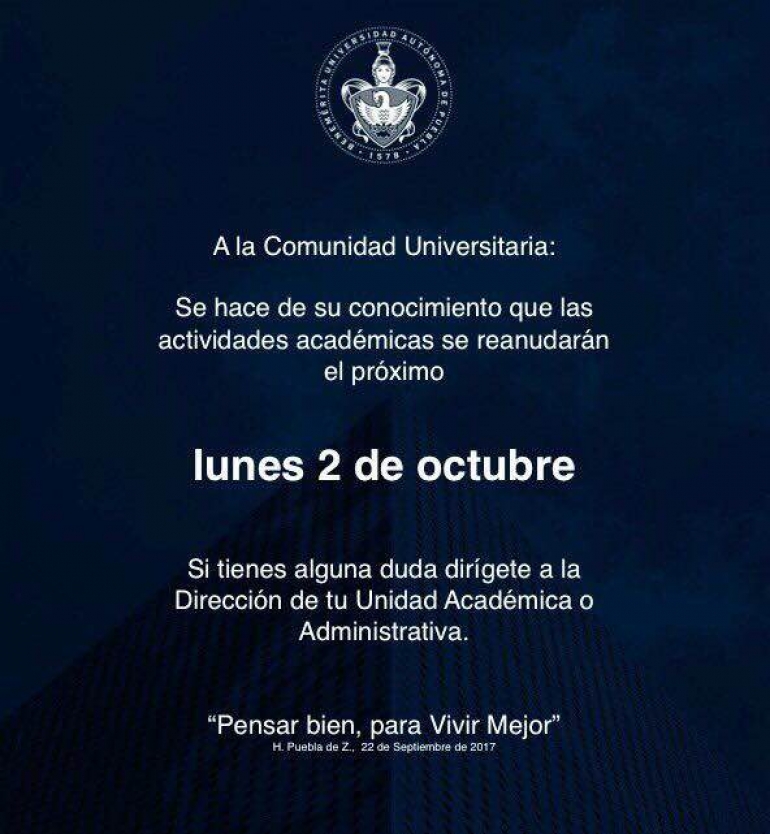 Anuncia la BUAP regreso a clases el día 2 de octubre