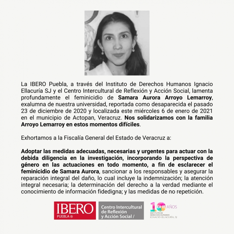 Ibero Puebla exige justicia por el feminicidio de Samara Aurora Arroyo Lemarroy